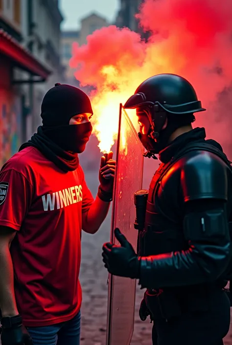 

> "A dramatic and intense scene depicting a face-off between a masked fan and a riot police officer. On the left, the fan is wearing a red shirt with the word Winners prominently displayed across the chest in bold, white letters. The fan’s face is covere...