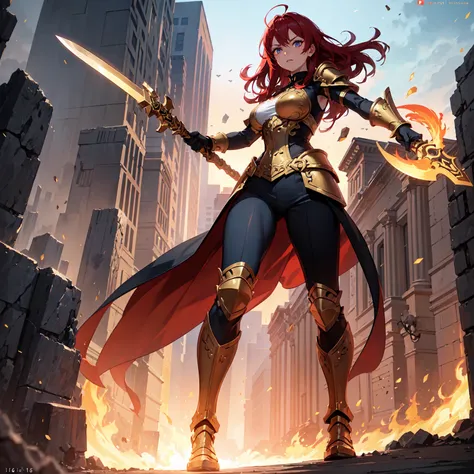 (((masterpiece, best quality, high detailed, 16k))) (1girl) A fierce warrior with a fiery mane of bright red hair, clad in ornate gold and crimson armor. Her eyes blaze with the intensity of a rising sun, and she wields a massive battle axe, etched with an...