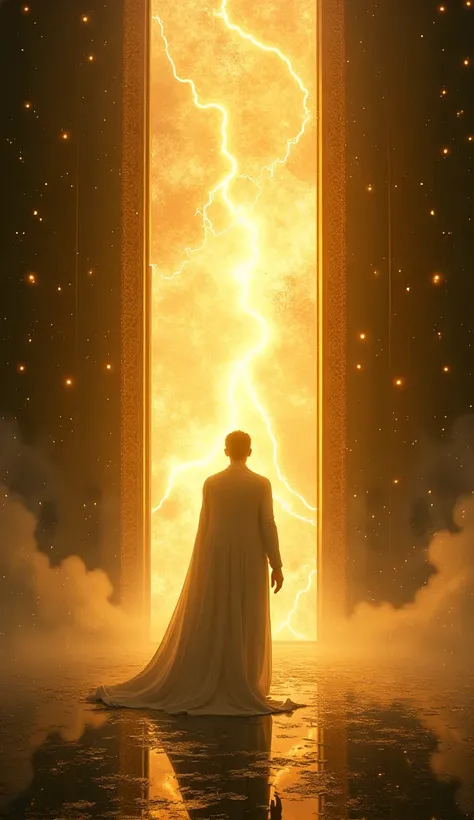 clash of light and darkness, with a golden celestial glow in the background.Heavenly gates fading into shadow to show his exile.
