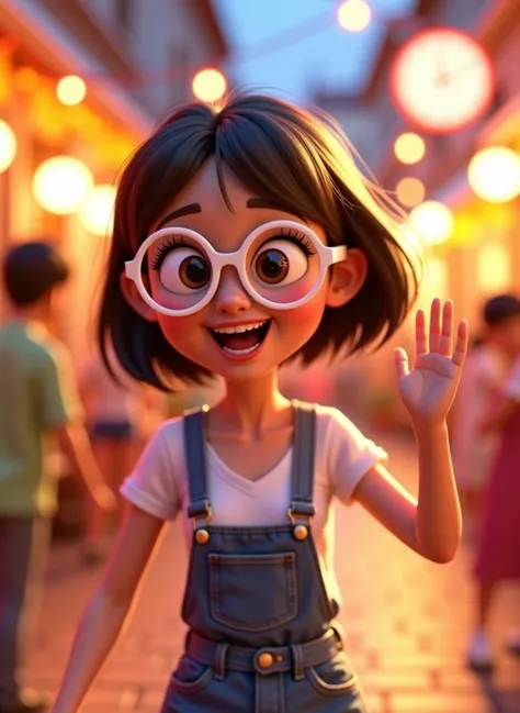 Pixar style image with 3D character white glasses brunette woman short straight hair dancing, Disney makeup,fisherman, cute, smiling ,close up, Pixar, Disney, Cinema lighting,