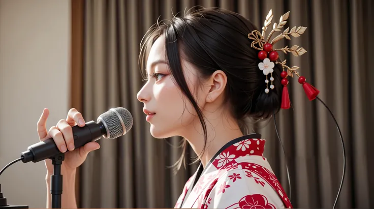 Standing in front of a stand microphone、 is wearing a kimono 、 beautiful girl、face、 from side、 hair ornament