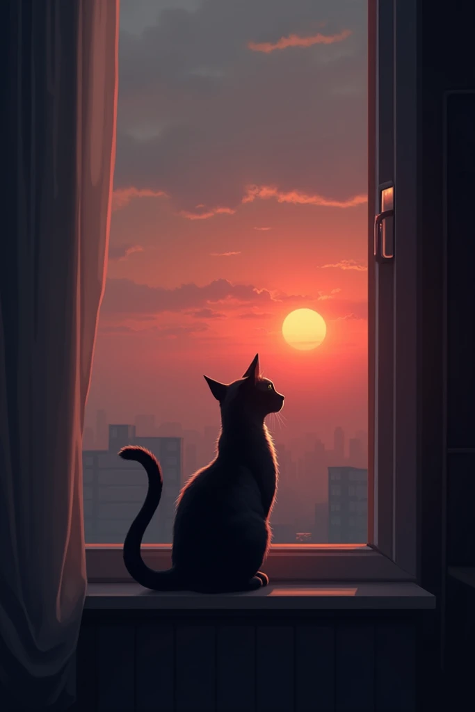 A cat is sitting on the window and watching the sunset. The sky is grayish red. The cat is sitting and wagging its tail. Looking out.
