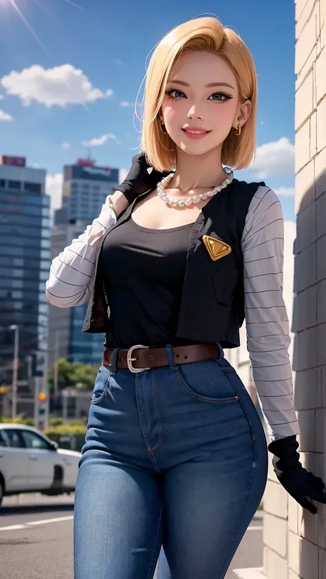 Android 18 da Dragon Ball Z,(best qualityer,4K,8k,high resolution,work of art:1.2)(weather: windy),battle ruins background, white shirt, black vest, pearl necklace, black gloves, earrings, denim jeans, orange socks, black shoes, belt, short hair, blonde ha...