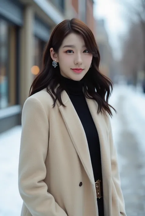 cinematic photo of an asian woman, wearing a elegant beige coat ,black mink scharf,  smile, snow, 35mm photograph, film, bokeh, professional, 4k, highly detailed, the Photo coveys her elaborate atmosphere and Elegance. Cute and kindness.