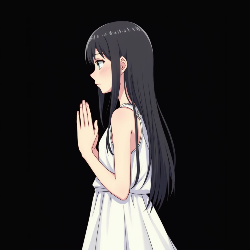 The image is a digital illustration featuring an anime-style character. The character is a young woman wearing a white dress and has long black hair. She is depicted from a side view with her fingers crossed in a prayer position. The background is pure bla...