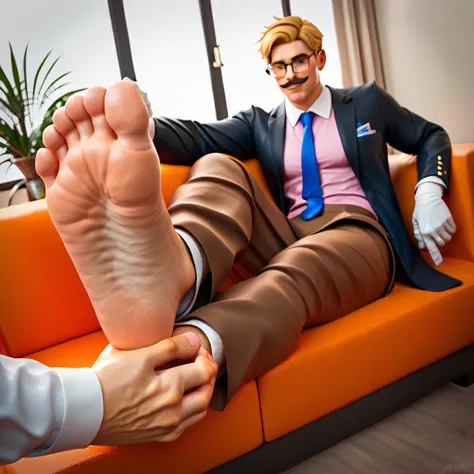 ,Handsome muscular brown haired man with brown eyes smiling, looking at the viewer, , wearing glasses, moustache, black suit and pink shirt, blue tie, brown pants, black socks, lying on a red sofa, office background, window, modern design, foot focus, stre...