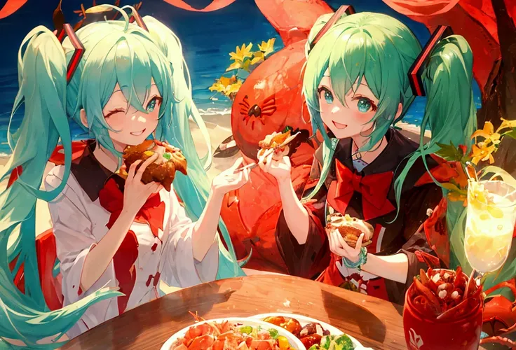  Hatsunemiku, crab, meal, smile