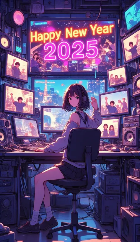 (masterpiece, high quality, high definition, 4k, 8k, detail), woman sitting at a desk with multiple monitors, waving in New Years greetings, people from around the world on each monitor waving, “Happy New Year 2025” neon sign on a large central monitor, LO...