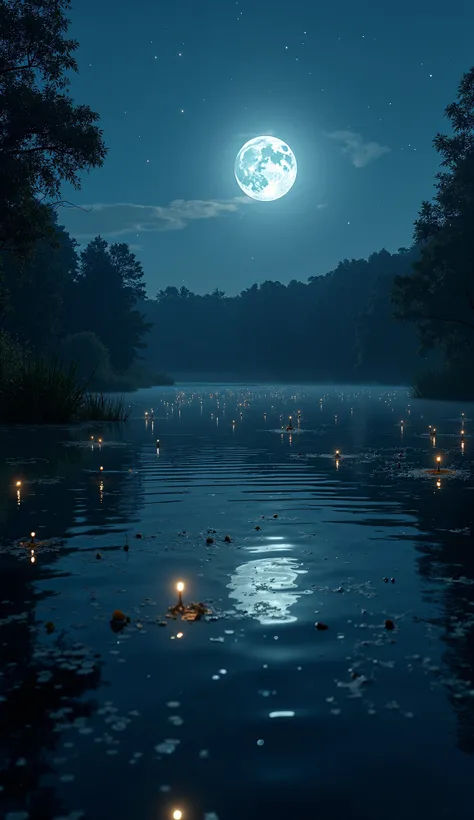 Evening Pond:1.5, ((Full shot:1.4)), ((beautiful lake at night in absolute darkness:1.5)), ((fireflies flying around illuminating the lake:1.5)), ((ultra detailed:1.5)), in the water reflects the lights of the fireflies:1.2, idyllic, dreamy, fantasy:1.3)),...