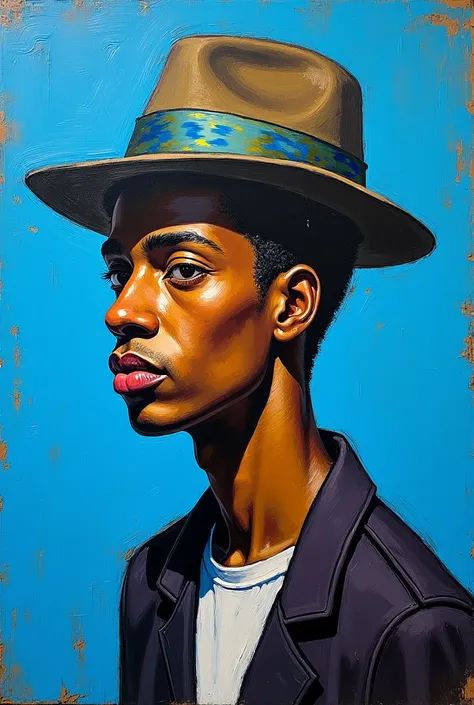  Painting of a Man Wearing a Hat on a Blue Background , ジャン・ミシェル・Basquiatによるポップアートの絵画, Tumbler, Neo-Expressionism , jean - michel Basquiat, Basquiat |  Afrofuturism , jean michel Basquiat, Basquiat, Basquiat style, Basquiat +  Francis Bacon , neo-expressio...