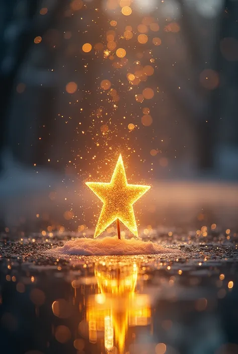 a beautiful star dancing gracefully on the sparkling lake. sparkling and elegant golden color reflecting the light, above the head is the writing isca AG creating a fantastic atmosphere. The setting is enchanting, with sparkling water and soft and subtle l...