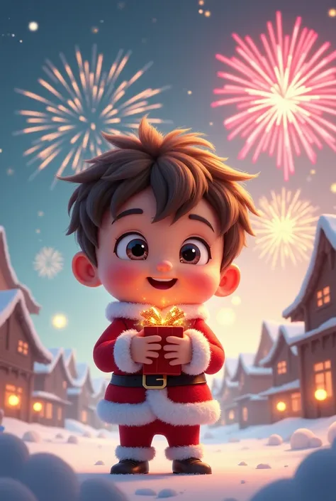 Theme: new year
Tone: pastel
Background: beautiful firework
Text: Happy New Year 2025
Have a cartoon boy with brown hair, have forelock, wear santa suit, hold gift in hands, smile, cute