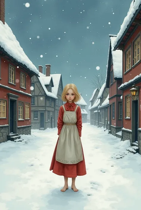 a beautiful blonde girl in an apron, barefoot, in a snowy 19th century Danish town, watercolor painting inspired by Gustave Moreaus illustrations of Hans Christian Andersens "The Little Match Girl", On the night of New Years Eve 。snow