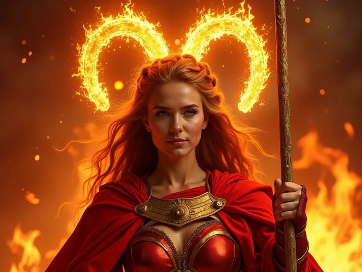  "A warrior woman in bright red armor, with flames in the background, Holding a golden spear. The face reflects courage and determination . The Aries symbol drawn in fire floating above the head. epic style, vibrant colors, intense atmosphere."

