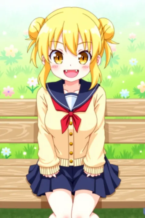 A dynamic anime-style illustration of a young female character seated on a wooden bench in a lively outdoor park setting. She wears a classic school uniform consisting of a beige cardigan with ribbed cuffs and buttons, paired with a navy-blue sailor collar...