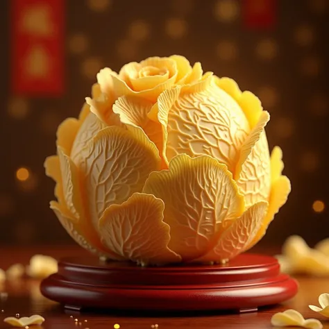 Real photography style pictures. A finely carved, exquisite, Gaobang pure gold Chinese cabbage craft, placed on an antique red wooden base, the cabbage leaves are slightly curled. The texture on the leaves is clearly visible, with veins. There is a soft wa...