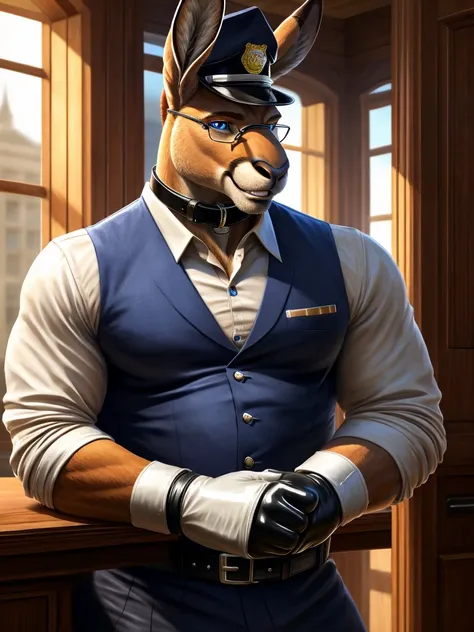 Solo, Male, close up, fat, extremely obese, gentleman, dapper Kangaroo, blue eyes, (soft shading), 4k, hi res, ((detailed face, detailed)), looking at viewer, evil grin, police station, collared shirt with buttons, hat, male focus, Police Uniform, glasses,...