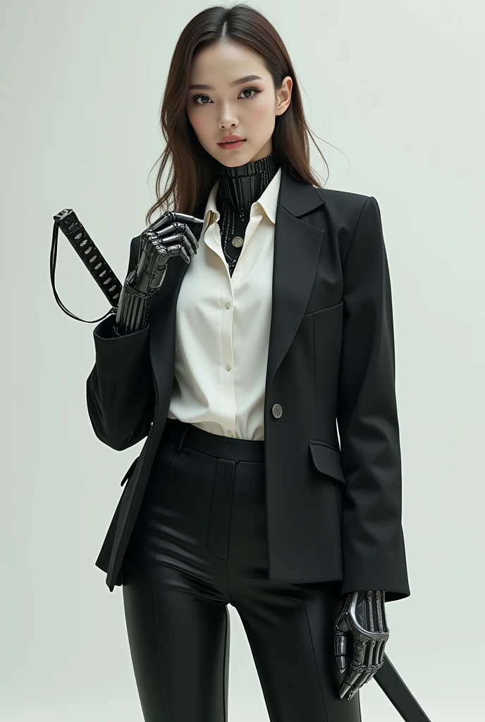 Android woman with robotic parts with black jacket and white blouse and black pants with katana sword 