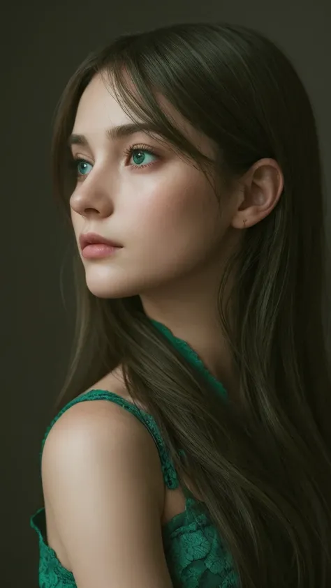 a woman Pensive Melancholic Serene Dreamy, face detail, green eyes
