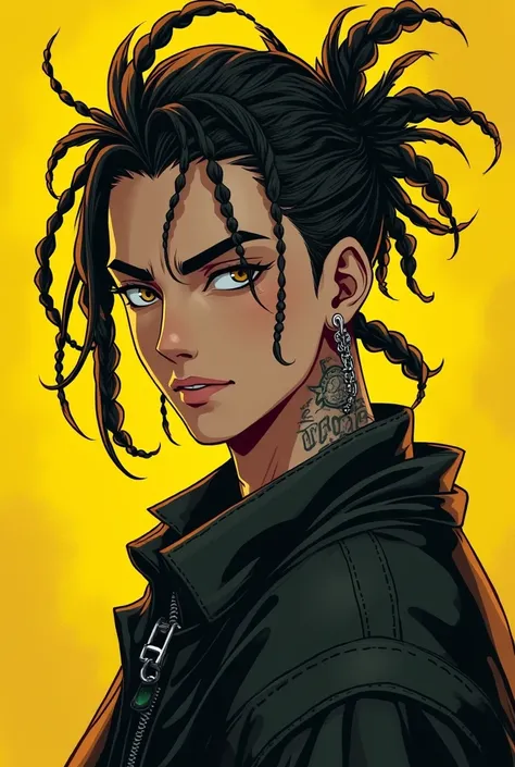 Man , hair braided with loops, Bad boy ,  with earrings , Tattoo, dark yellow background , style anime