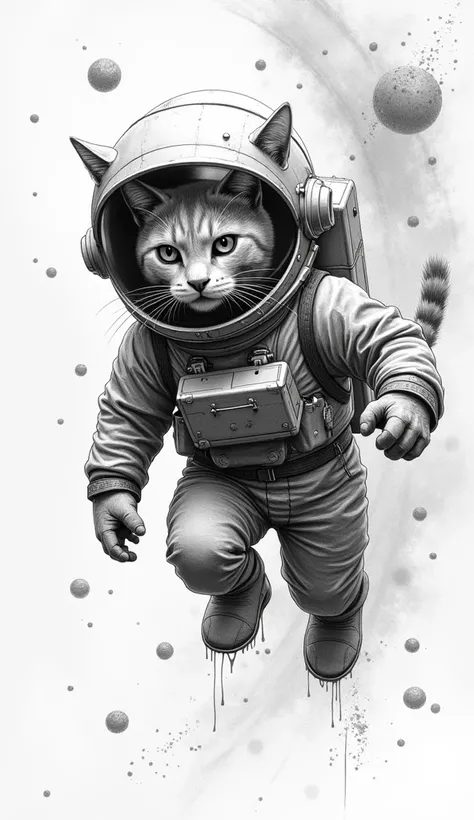 Edgy pencil drawings of a cat in astronaut suit background with grunge elements and space, oil spots