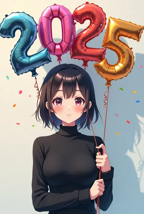 Face front in black turtle neck long sleeve girl holding balloon with 2025 design for new year celebration ai anime