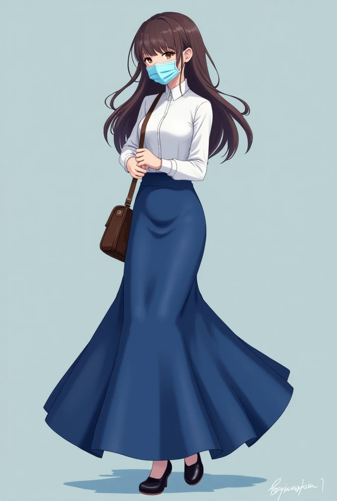 Anime style 
Light blue surgical mask
Light blue mask
woman
28 years old 
long hair 
Dark brown hair
Brown eyes 
white long sleeve blouse
Cobalt Blue skirt 
long cobalt blue skirt
Long skirt 
Mermaid long skirt 
Covered legs with long skirt 
Covered feets ...