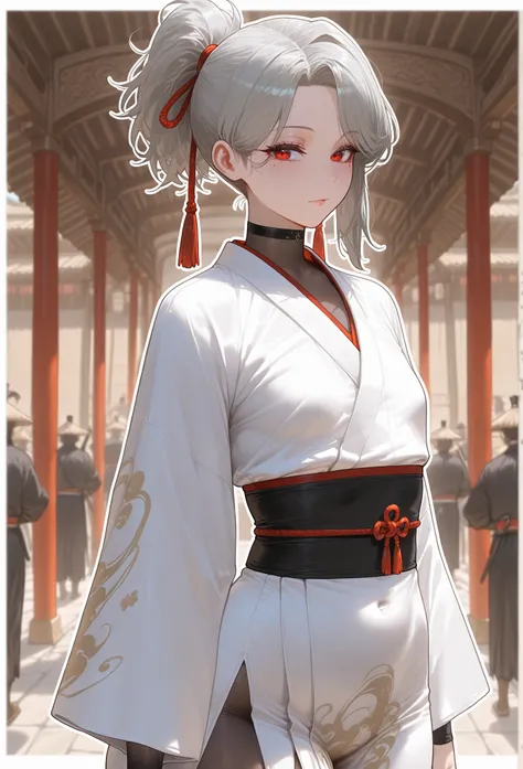 ((gray hair), short hair, twins ponytail), (red eyes, perfect eyes),
white oriental kimono, (breast bodystocking),
standing in an eastern village, samurai in the background, people with oriental looks in the background,
(neutral gaze, mole under eye),
(sol...