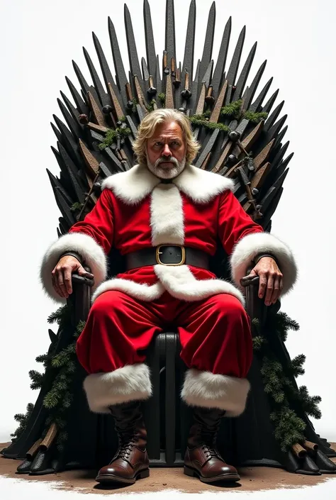 concept art, character sheet, no background,  plain background ,  Tyrion Lannister from Game of Thrones, dressed as Santa Claus,  sitting on a spruce-decorated iron throne from Game of Thrones,   legs visible,  front view,  realistic photo, 4K,  high image...