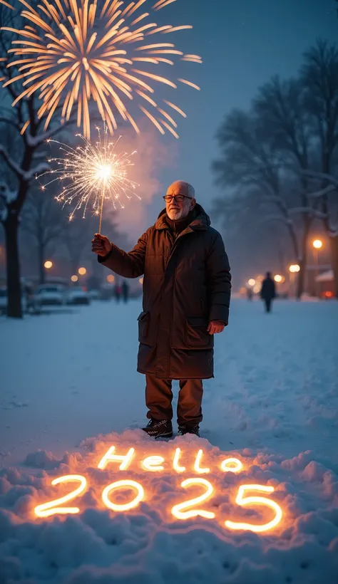  white snow writing “Hello ，2025”，An old man with glasses is standing on the snow ， with a firework stick in your hand， background with fireworks in the sky ，New Year atmosphere， Camera from top to bottom ， film photography ，Realistic photography art 。