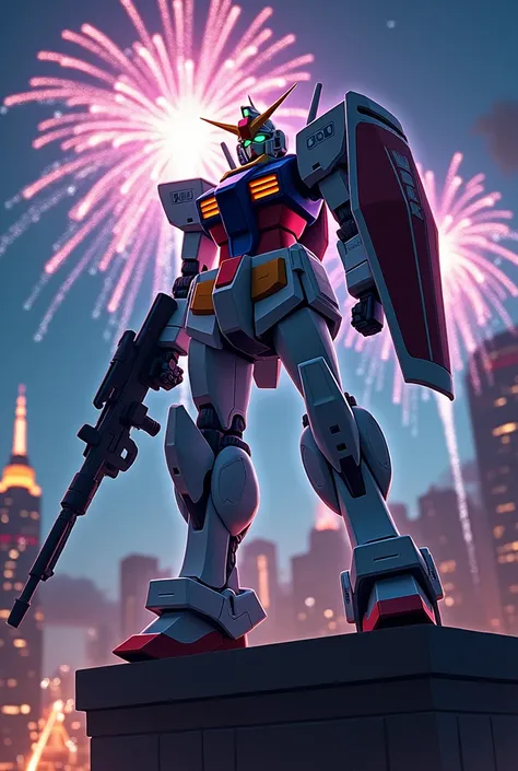 unicorn gundam holding beam magnum and shield standing on the tall buildings under moonshine with firework and bright with street light at night.