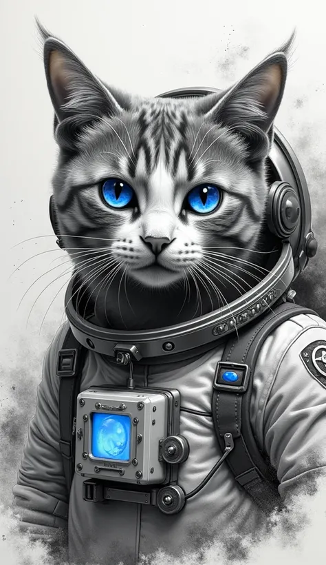 Edgy pencil drawings of a cat in astronaut suit and blue eyes , background with grunge elements and space, oil spots