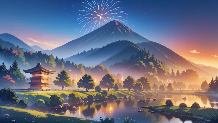 Night view, fireworks, japanese countryside, anime landscape wallpaper, japanese countryside, anime beautiful peaceful scene, anime landscape concept art, anime nature, anime painting, anime nature wallpap, beautiful anime landscape, japanese countryside, ...