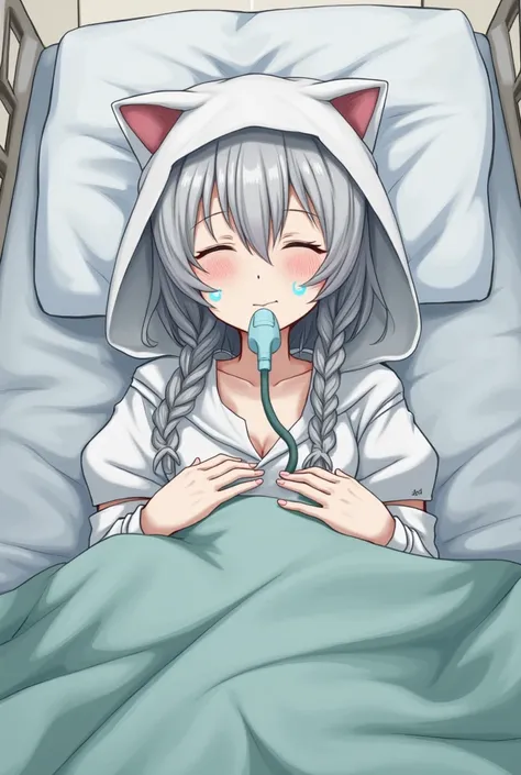  One Girl ,  grown face , silver hair,Hospital room,Patient clothing, high res, masterpiece, accurate,  very detailed,  Textured Skin, reality, short hair ,, small breasts, braids, are expressionless, sleeping in bed ,No breasts, dont put on a futon,Bedrid...