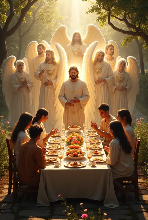 Whole family at a banquet at the table in a home garden and Jesus with other male warrior angels of light defend these people from evil demons 