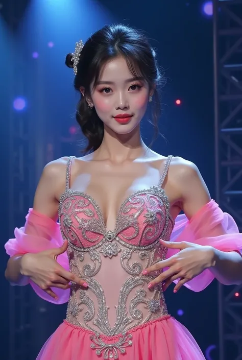 Korean female idol who is shy while lifting her armpits on stage