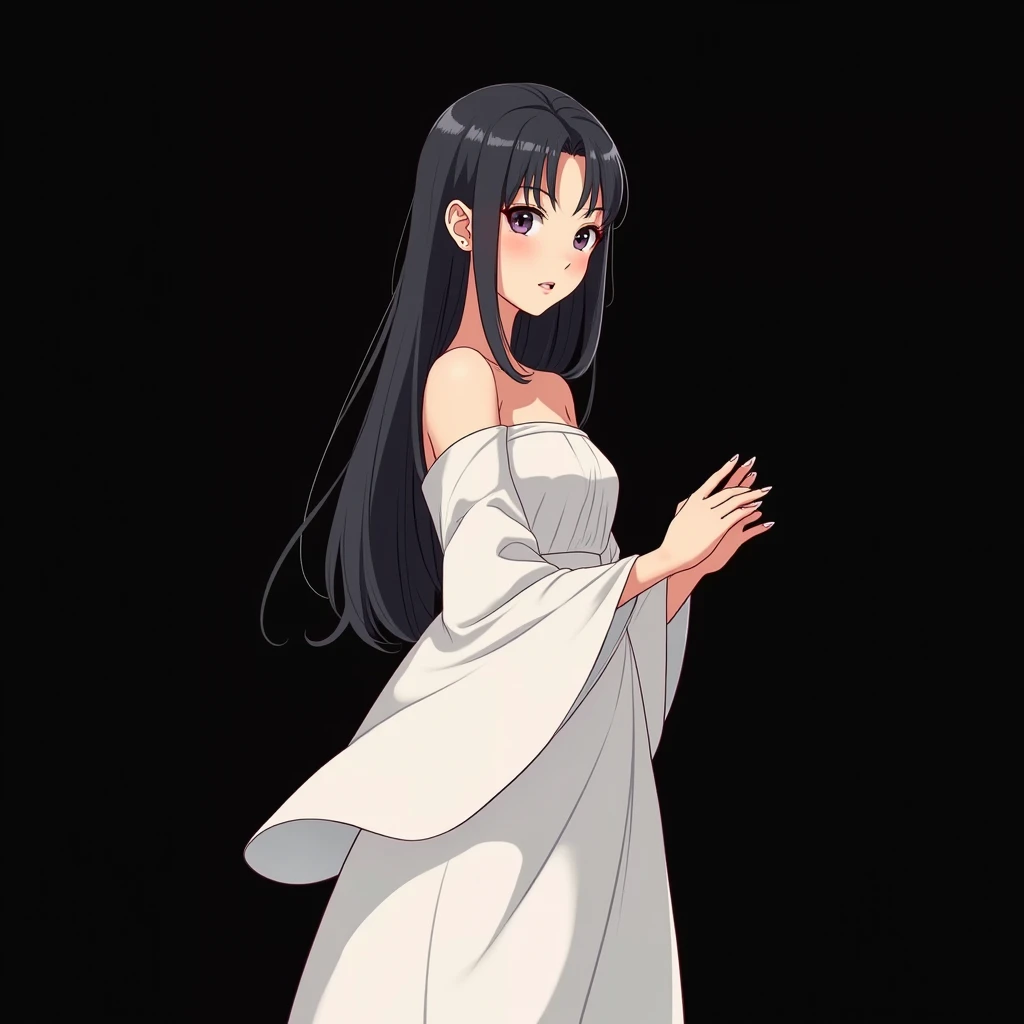 Cartoon illustration style, the character is a young Taiwanese woman wearing a white dress and long black hair. She is depicted from the side, with her hands clasped together, and the background is pure black, making the character stand out.