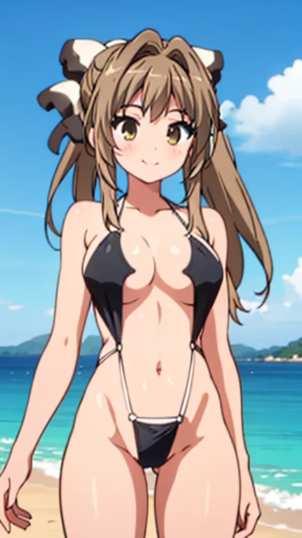 A girl, alone, light brown hair, ponytail, hair ribbon, sonrisa, slingshot swimsuit, beach, 