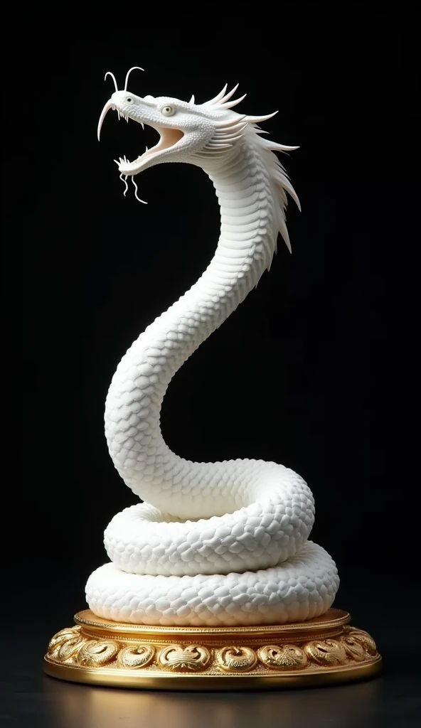 Photorealistic, white snake sculpture, black background, elegantly coiled, realistic scale details, golden base, white base with carvings, resembling clouds or waves, luxurious and prosperous atmosphere