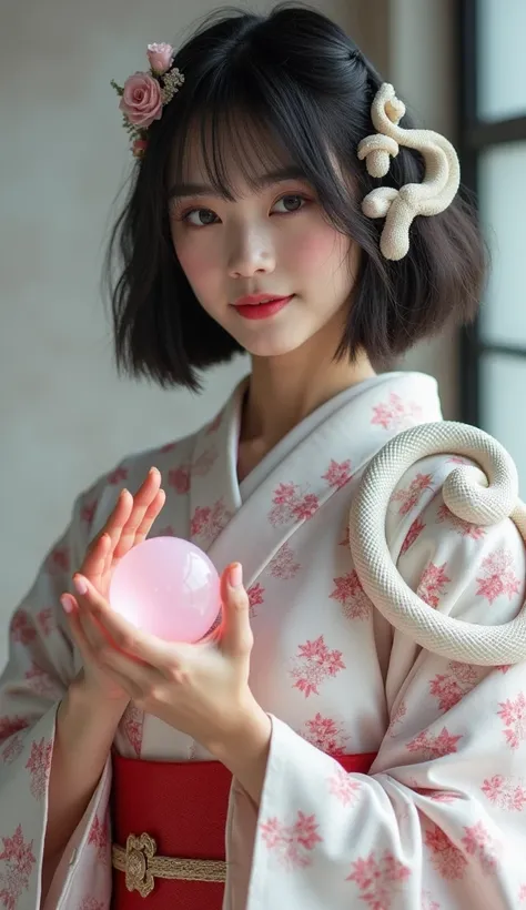 Beauty  cute　 Japanese　Silver　 is wearing a kimono front、　 the white snake is on her sholder  Hold a crystal heart ball on your hand、 Ring of Angels front 青い目, front shortcuts,  shortcuts,  Japanese、front、 bob hair、front、 up