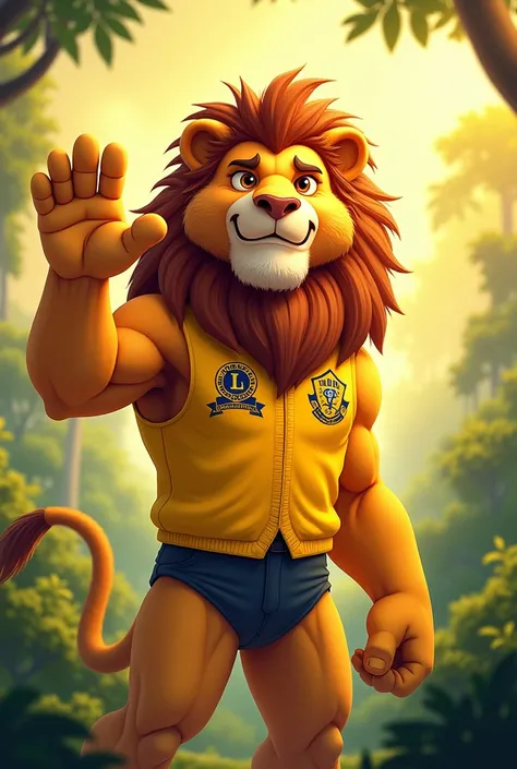 a lion waving with a human body wearing a vest from the International Yellow Lions Club