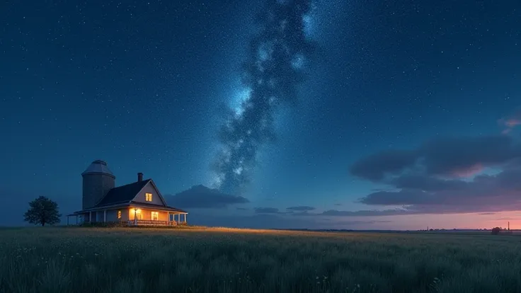 There is a prairie field with a majestic starry sky and a house