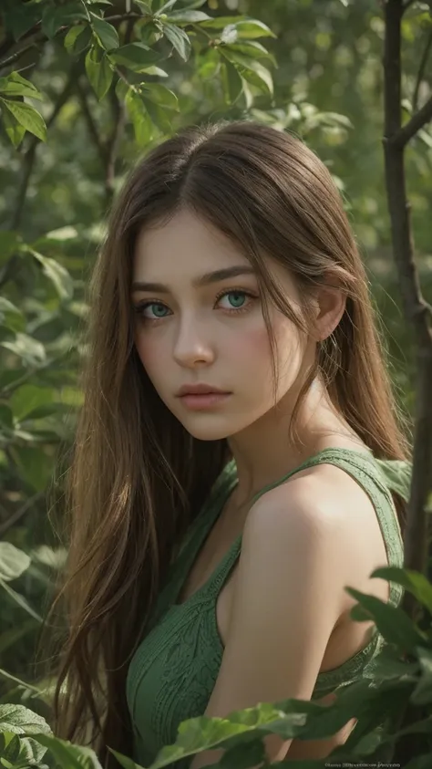 a woman Pensive Melancholic Serene Dreamy, face detail, green eyes