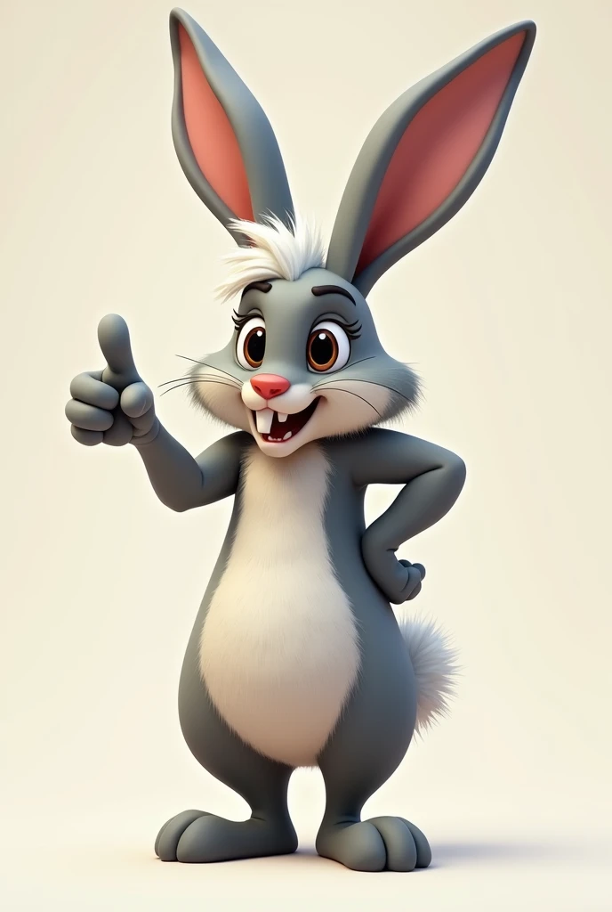  Male hare standing on two legs with long droopy ears pointing to the floor, gray hair with white belly Liza ,   tuft of white hair on the forehead two teeth sticking out of the snout , big eyes with mischievous eyes puffy body not fat , no flaco,   mischi...