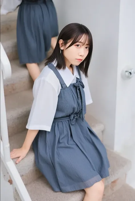 ((  while changing clothes at an angle from below 、  Top Quality  、masterpiece、32K、Every detail ))、Descend the outdoor stairs、commute、Systemic symptoms、 Traditional navy dark blue sailor uniform  、  white blouse、  pleated skirt 、((( Strong wind is my hair ...