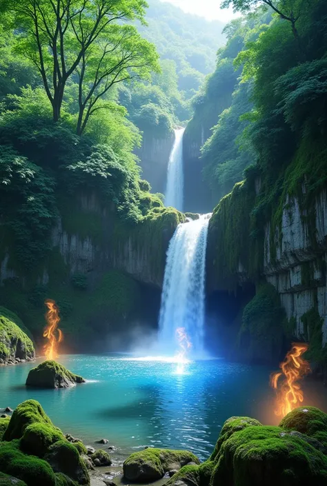 this ultra-realistic image depicts a breathtaking scene by a cascading waterfall in a lush, serene valley during the Sengoku Period. The waterfall tumbles gracefully over moss-covered rocks into a crystal-clear pool, surrounded by towering trees and vibran...