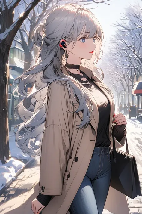 A stunning young woman with shoulder-length ash-silver hair featuring blue gradient tips is walking along a wintery sidewalk, heading to her university. Her hair flows softly in the crisp morning air, complementing her vivid blue eyes that radiate intellig...