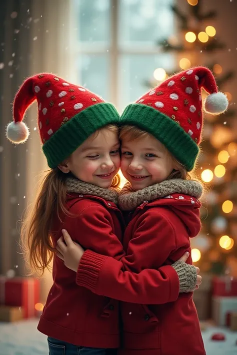 A boy and a girl hugging each other the both of them wearing Christmas cap realistic images only