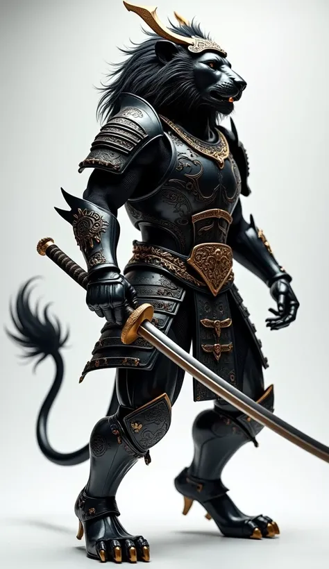 "A powerful lion transformed into a samurai, wearing an awe-inspiring, futuristic samurai metal suit. The suit is crafted from dark, polished metal with intricate engravings and sharp, angular designs that reflect light in a mesmerizing way. The lions musc...