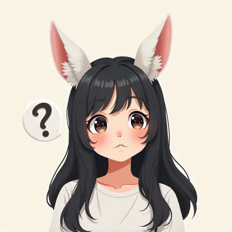 Interrogative woman with white animal ears, long black hair, question, simple, cartoon, logo